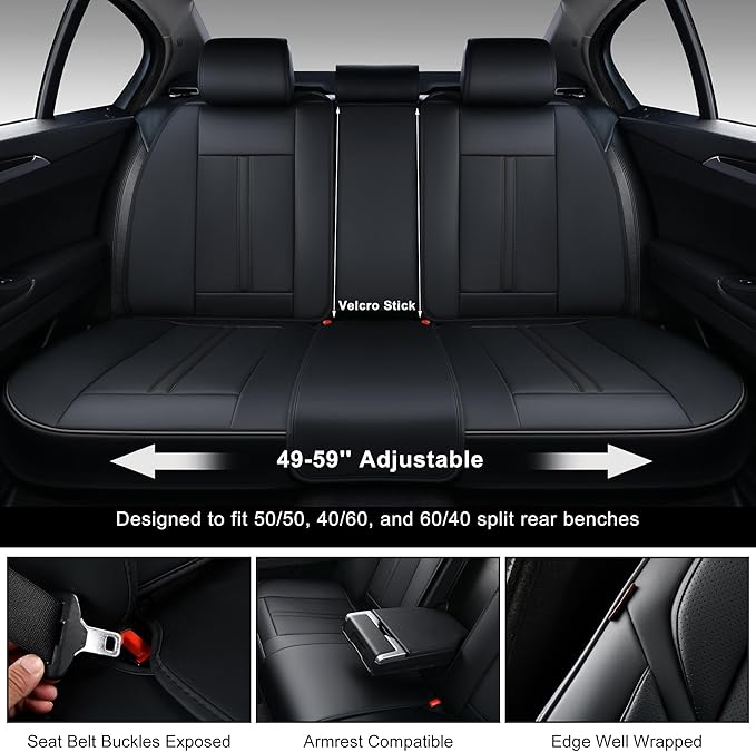 Black Car Seat Covers Full Set, Universal Front and Rear Seat Covers for Cars, Waterproof Leather Auto Seat Protectors Airbag Compatible, Car Seat Cushions Fit for Most Sedans SUV Pick-up Truck