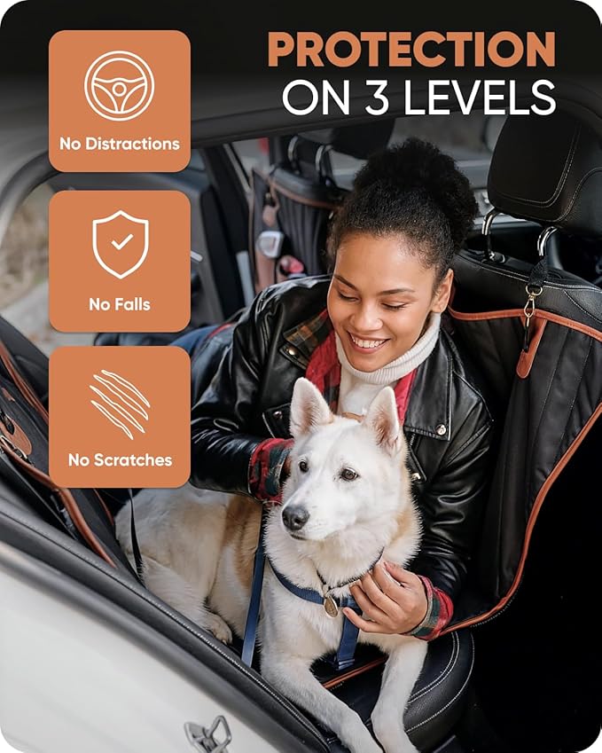 Owleys Hard Bottom Pet Seat Cover for Back Seat – Heavy Duty Waterproof Dog Hammock Bed –Travel Protector for SUVs, Sedans & Trucks – Foldable Design - 2 Pockets – Mesh Ventilation Windows