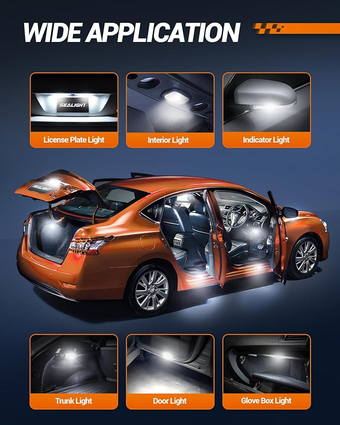 SEALIGHT 36MM DE3423 LED Bulbs Temperature Resistant CSP 2525 Ceramic Chipset 6500K White Canbus Error Free 6411 DE3425 6418 LED Bulbs Interior Light for Dome Map Door License Plate Lights (Pack of 4)