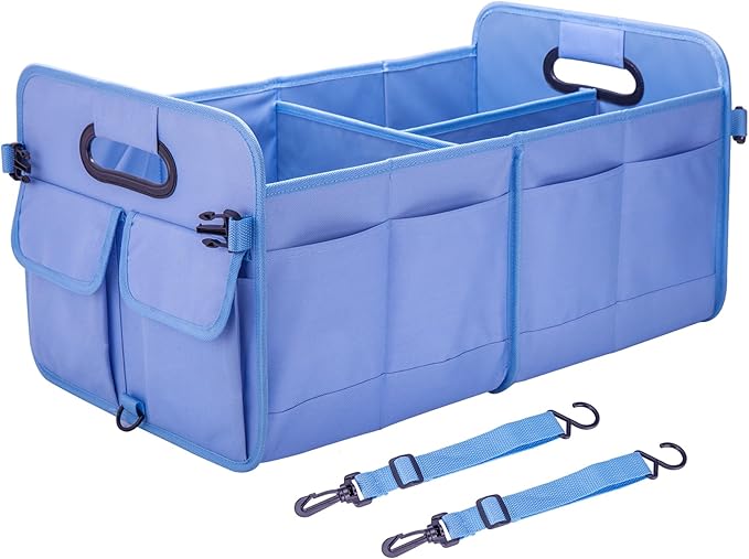 Trunk Organizer For Suv & Sedan,Car Organizers and Storage, Waterproof Collapsible & Adjustable Straps,75L Sturdy Car Organization for Car Accessories, Tools,Sundries,2-3 Compartment（Blue）