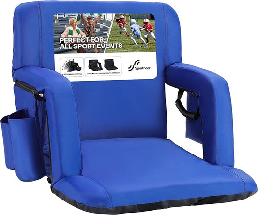 Sportneer Stadium Seats with Back Support: 2.5'' Thick Comfy Cushion 6 Adjustable Angle Bleacher Seat with Armrest - 2 Large Pockets, 2 Cup Holders Stadium Chair for Sport Events Concerts Parks