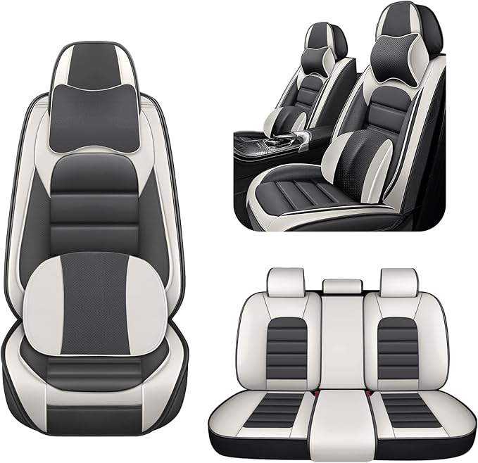 5 Car Seat Covers for Chrysler Pacifica 2004-2026 Breathable Leather,Waterproof Car Seat Protectors with Comfort Headrest Pillows,Automotive Vehicle Cushion with Storage Pockets (Luxury,Gray)