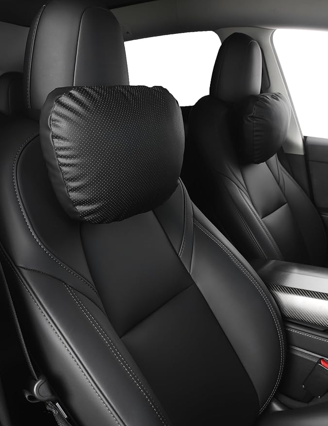 TPARTS Leather Headrest Neck Pillow for Tesla Model Y/X/3/S, Tesla Model 3 Accessories, Tesla Model Y Accessories, Car Neck Pillow for Traveling (1pc Black)