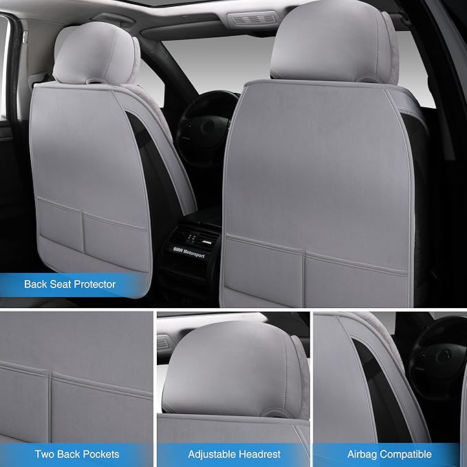AOOG Fuzzy Car Seat Covers, Heated Bench Back Cushion Protector for Cars SUV Trucks(Full Set,Grey)