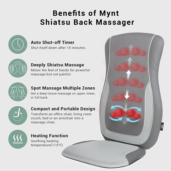 Mynt Gray Back Massager for Chair with Heat for Deep Tissue, Mesh Shiatsu Massage Chair Pad with 4 Deep Kneading Nodes, Heated Back Massage with a Seat Cushion