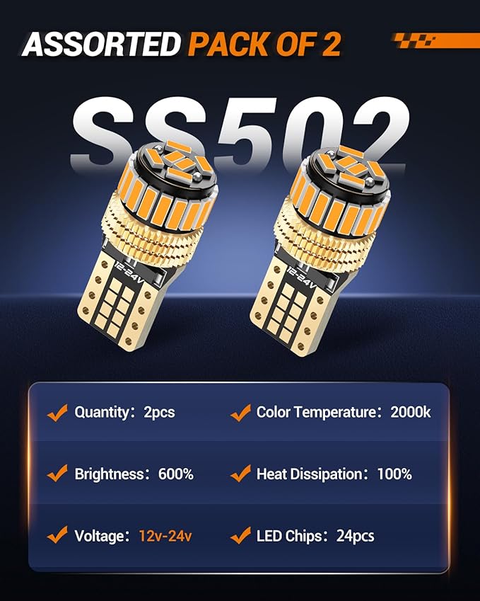 SEALIGHT 194 LED Bulb 2000K Amber 168 T10 2825 W5W 600% Brightness Wedge Interior Car Bulbs Replacement for License Plate Lights Dome Map Door Courtesy Trunk Parking, 2 PCS