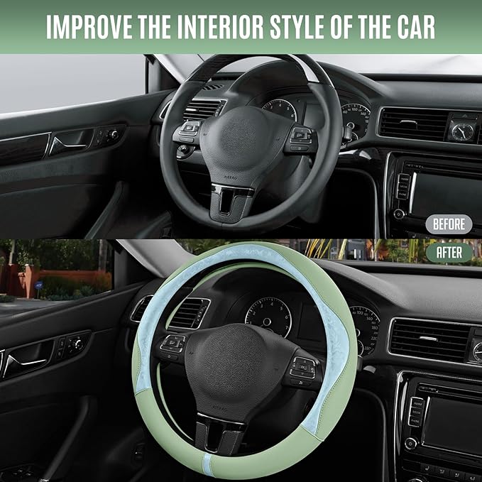 PIC AUTO Steering Wheel Cover, Light Blue Patterned & Green Leather Patchwork Design, Universal Fit 14.5"–15.5", Anti-Slip, Odor-Free, Soft Grain Leather, Durable Grip Car Accessory for Girls & Women