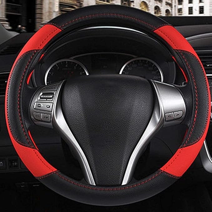 Leather Car Steering Wheel Cover, Non-Slip Car Wheel Cover Protector Breathable Microfiber Leather Universal Fit for Most Cars (Black & Red)