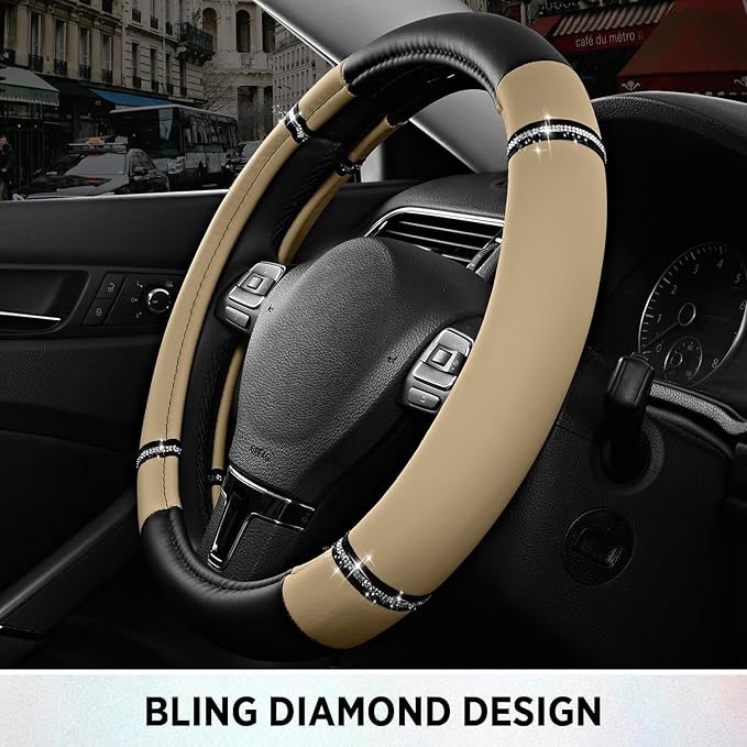 Road Comfort Leather Steering Wheel Cover – Premium Anti-Slip Car Steering Wheel Grip Cover – Universal Fit for 14.5”–15.5” Cars, Trucks & SUVs - Beige