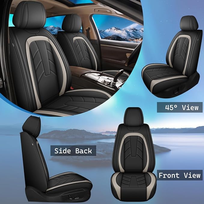 2PCS Front Leather Car Seat Covers Fit for Ford Ranger 2019-2025 Waterproof and Anti Staining Auto Protector Car Seat Covers (Black & White)