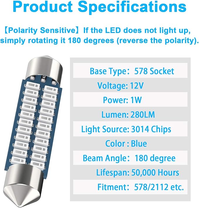 Serundo Auto 578 Led Festoon Bulb 211-2 Led Car Bulb 41mm 42mm 1.65in 212-2 Bulb for Car Map Light Dome Light, 22SMD 3014 Chips Interior Led Festoon Bulb,Pack of 6pcs Blue Color