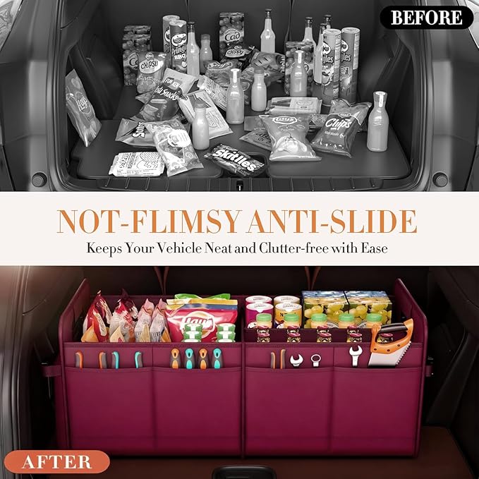 Trunk Organizer SUV, Car Organizers and Storage, NOT-FLIMSY ANTI-SLIDE 70L Spacious Collapsible Sturdy Trunk Organizer for Grocery/Car Accessories/Women Men's Gift, Wine Red