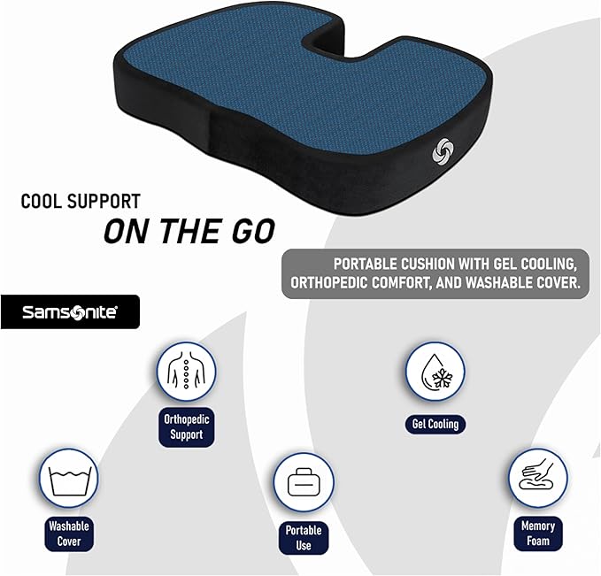 Samsonite Memory Foam Seat Cushion for Car & Office Chair – Tailbone Pain Relief, Cooling Pillow, Ergonomic Posture Corrector, Car Accessories & Home Office Essentials