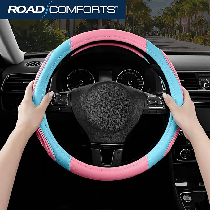 Road Comforts Car Steering Wheel Cover - Microfiber Leather Steering Wheel Wrap Sports 14.5-15 Inch Steering Wheel Cover Non-Slip for Men Women Pink & Blue Color
