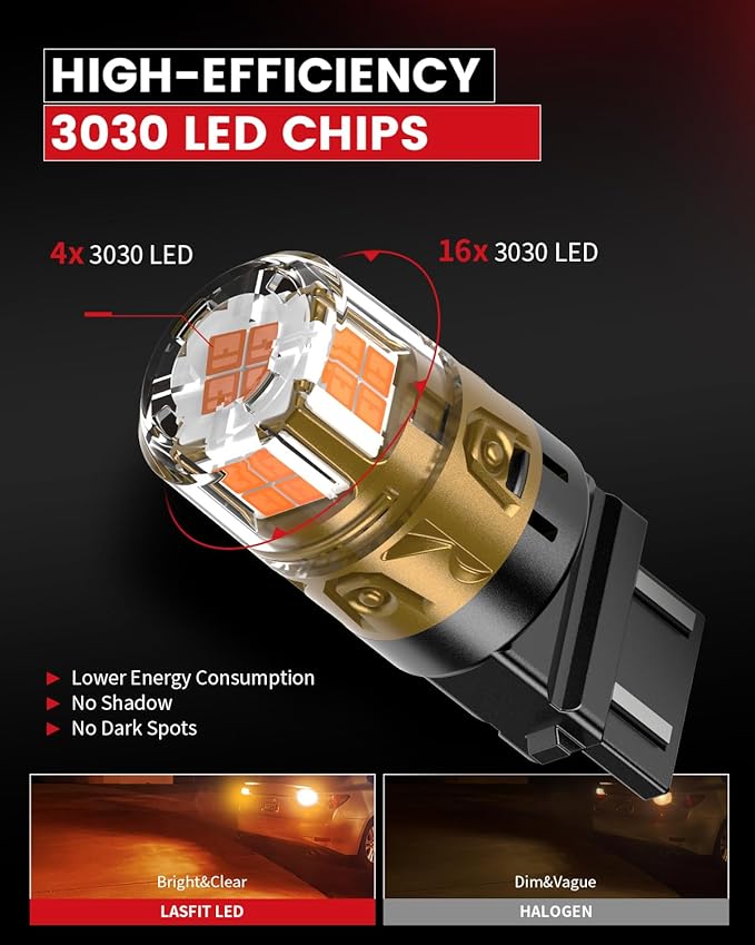 LASFIT 3157 LED Bulb Turn Signal Lights Amber Yellow, Upgrade 500% Bright 3156 3157a 3057 4157 4057 LED, Replacement Bulbs with Projector Rear Blinker Lights (Need Resistor), 2pcs