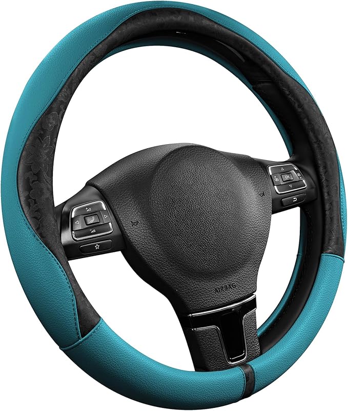PIC AUTO Steering Wheel Cover, Black Patterned & Blue Leather Patchwork Design, Universal Fit 14.5"–15.5", Anti-Slip, Odor-Free, Soft PU Grain Leather, Durable Grip Car Accessory for Girls & Women