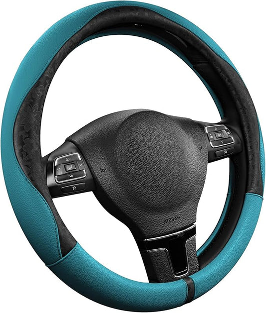 PIC AUTO Steering Wheel Cover, Black Patterned & Blue Leather Patchwork Design, Universal Fit 14.5"–15.5", Anti-Slip, Odor-Free, Soft PU Grain Leather, Durable Grip Car Accessory for Girls & Women