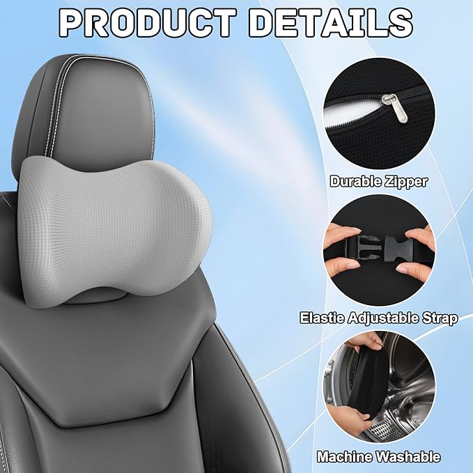 Arazi 2-Pack Car Headrest Pillow Memory Foam Car Neck Pillows for Driving with Adjustable Strap, Neck Support for Pain Relief, Breathable Removable Cover, Fit All Car Seats - Light Gray