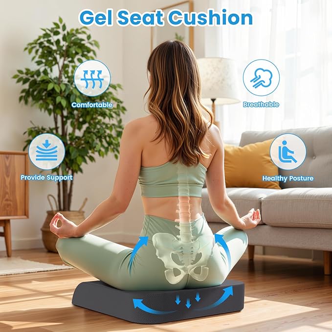 Wheelchair Seat Cushion - Cooling Gel & Memory Foam Office Chair Cushion with Non-Slip Bottom & Washable Cover, Ergonomic Car Seat Pillow for Sciatica, Tailbone, Back Comfort (Grey)