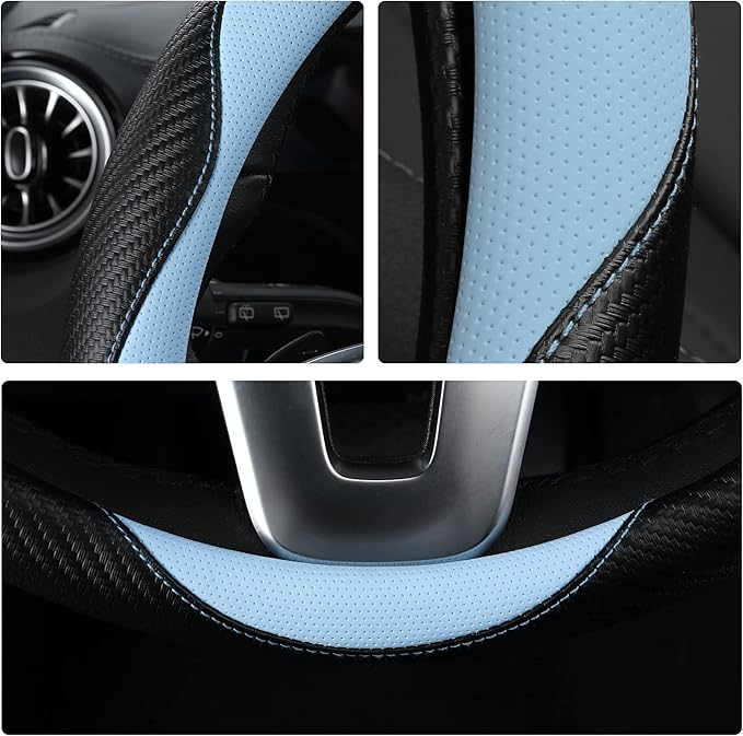 Car Steering Wheel Covers for Women Girl Padded Carbon Fiber PU Leather Cute Cartoon Auto Interior Accessories for Jeep, Truck, Universal, Anti Slip, Blue, Large Size, 15.2-16in