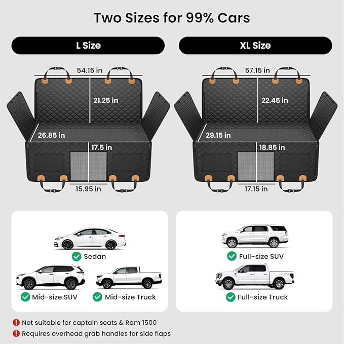 REEVAA Dog Truck Seat Cover for Back Seat, Hard Bottom Dog Hammock for Car, Pet Bed Extender for 2-4 Large Dogs, Waterproof Seat Protector, Universal XL Size Fits for Crew Cab Truck/SUV, Black+Orange