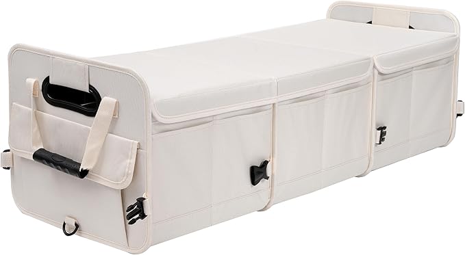Car Trunk Organizer with Lid Storage Collapsible Multi Compartment Adjustable Straps for SUV, Truck, Sedan(Beige) XL