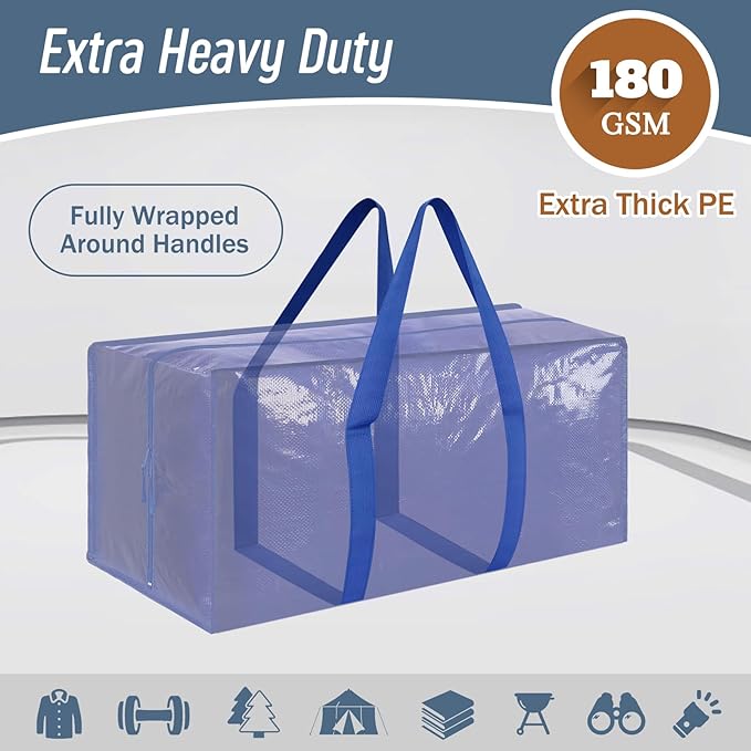 12 Pack Extra Heavy Duty Large Moving Bags with Strong Zipper & Comfortable Handles, Sturdy & Durable Clothes Storage Bags Totes Bins, Packing Moving Boxes for College Supplies, Blue