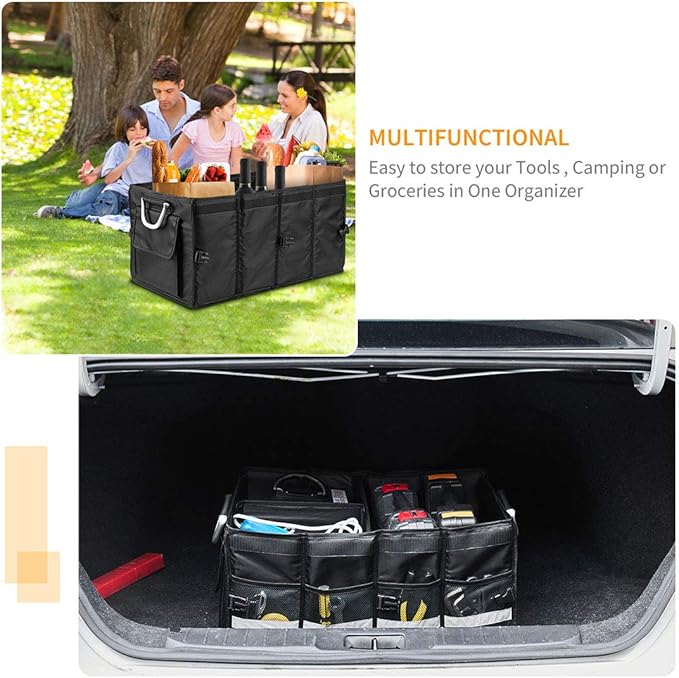 i BKGOO Car Trunk Organizer with Lid,Collapsible Car Trunk Storage Organizer,Multi-Compartment Car Organizer for auto, SUV, Truck, Minivan Black, X-Large