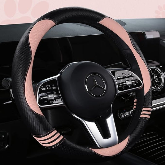 Car Steering Wheel Covers for Women Girl Padded Carbon Fiber PU Leather Cute Cartoon Auto Interior Accessories for Jeep, Truck, Universal, Anti Slip, Pink, Large Size, 15.2-16in