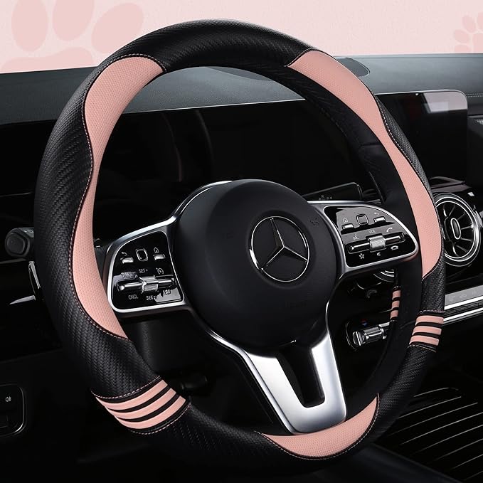 Car Steering Wheel Covers for Women Padded Carbon Fiber PU Leather Cute Auto Interior Accessories for Vehicle, Sedan, Universal, Anti Slip, Pink, Standard Size, 14.75-15.15in
