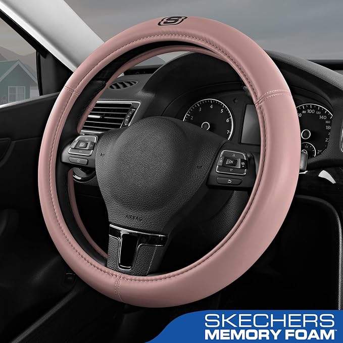 Skechers Memory Foam Pink Steering Wheel Cover,Grade Protein Leather Steering Wheel Cover,Universal Fit 14" 1/2-15" Car Wheel Cover for Women Stylish Decor Gifts Fit Suvs,Vans,Sedans,Car,Trucks,Pink