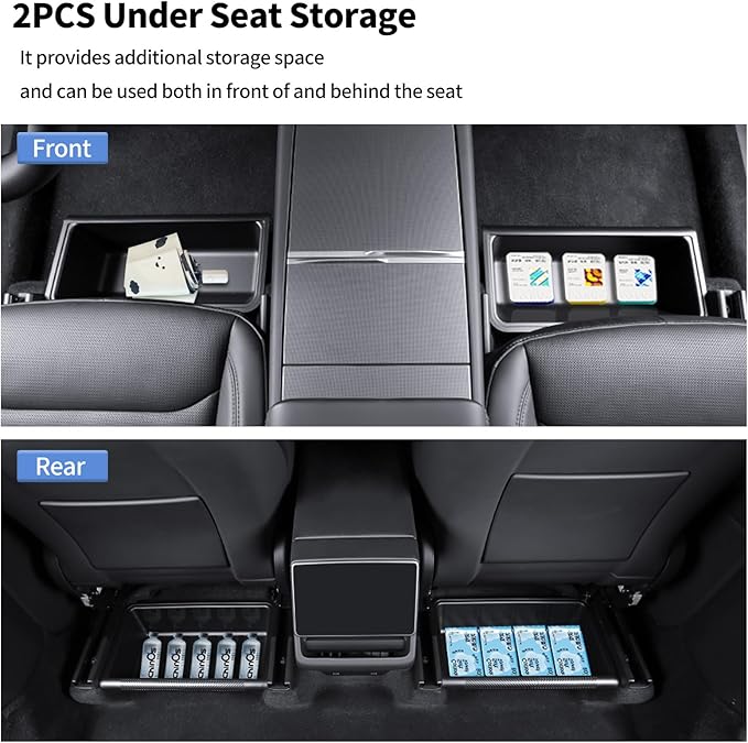 9Pcs Set Center Console Organizer Tray for Tesla Model Y Juniper 2025 2026, Under Seat Storage Box with Lid, Black, 2-Piece Set