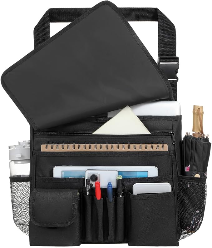 Car Front Seat Organizer for Paperwork File Laptop Mobile Office, Multi Compartment Storage Bag with Cup holder and Adjustable Strap for Car Work Truck Van