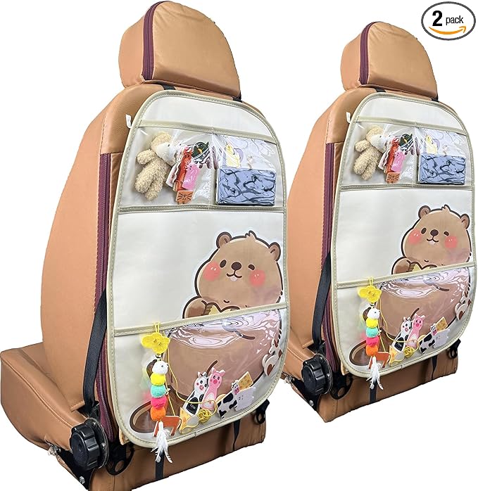2-Pack kids Leather Car Backseat Organizer with Foldable Table Tray, Car Storage Organizer with Tablet Holder, Car Seat Back Protectors Kick Mats, Travel Accessories (Beaver)