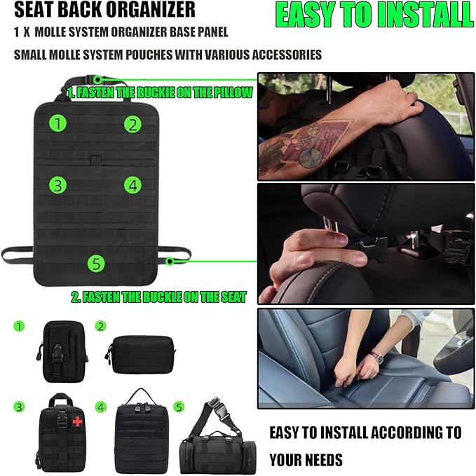 7 PACK Tactical Seat back organizer Truck organizer With 6 Detachable Pouches Universal For Car Truck Ford Jeep Military-Grade Heavier Panels With Multi-functional Packs (7 PACK -BLACK)