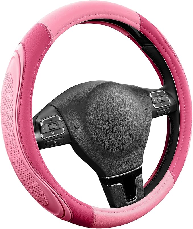 Road Comforts Car Steering Wheel Cover - Microfiber Leather Steering Wheel Wrap Sports 14.5-15 Inch Steering Wheel Cover Non-Slip for Men Women Pink & HotPink Color