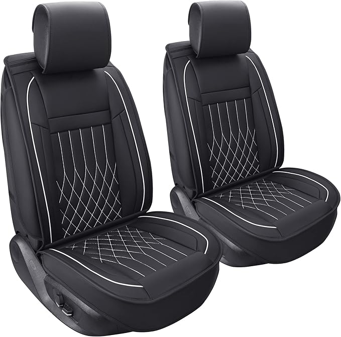 Aierxuan 2pcs Car Seat Covers Front Set with Waterproof Leather, Airbag Compatible Automotive Vehicle Cushion Cover Universal Fit for Most Cars (Black and White)