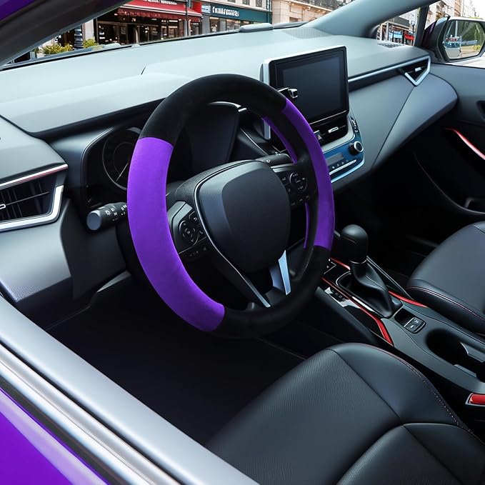 SEG Direct Steering Wheel Cover for Car, Standard Size 14.5-15 inch, Auto Interior Accessories, Warm Plush, Summer Winter, Black and Purple