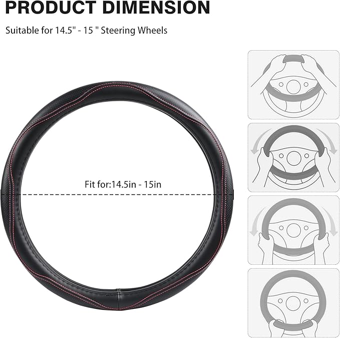 High-Grade Real Cowhide Steering Wheel Cover for Men Women，Black Genuine Leather Steering Wheel Cover for Cars,Universal 14.5-15 inch Steering Wheels