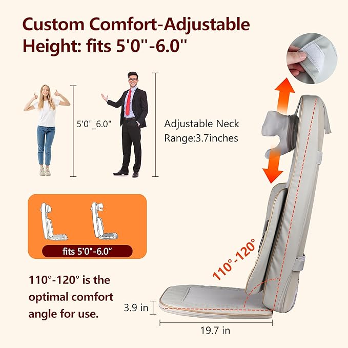 Shiatsu Neck and Back Massager with Heat - Full Back Walking Massager with Deep Kneading & Seat Cushion Vibration for Chair and Home, Pain Relief, Dual-Neck Detachable and Height Adjustment