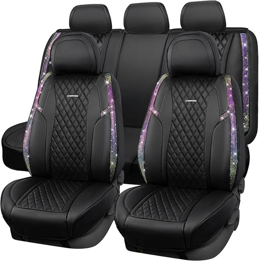 CAR PASS Iridescent Diamond &NAPPA Calfskin Leather Cushioned,Bling Seat Covers,Waterproof Heavy-Duty Anti-Slip,Universal Fit for Auto SUV Sedan,Sparkly Glitter Shining Rhinestone Full Set, Multicolor