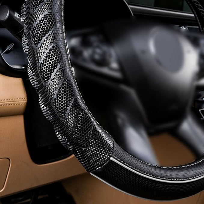 Flying Banner car Steering Wheel Cover Faux Leather Massage Universal fit 3D Honeycomb Hole Anti-Slip Sporty 15 Inches (Grey Black)
