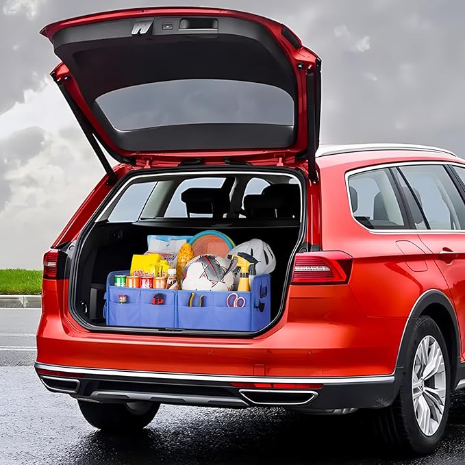 Trunk Organizer For Suv & Sedan,Car Organizers and Storage, Waterproof Collapsible & Adjustable Straps,75L Sturdy Car Organization for Car Accessories, Tools,Sundries,2-3 Compartment（Blue）