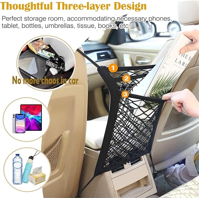 DYKESON Pet Barrier Dog Car Net Barrier with Car Mesh Organizer Baby Stretchable Storage Bag Universal for Cars, SUVs -Easy Install,Safer to Drive with Pets and Children, 3 Layer S
