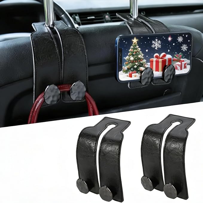 2PCS Leather Car Seat Hooks for Headrest, Vehicle Hanger Storage Organizer Universal for Handbag Purse, Car Accessories Gift (Black-Black)