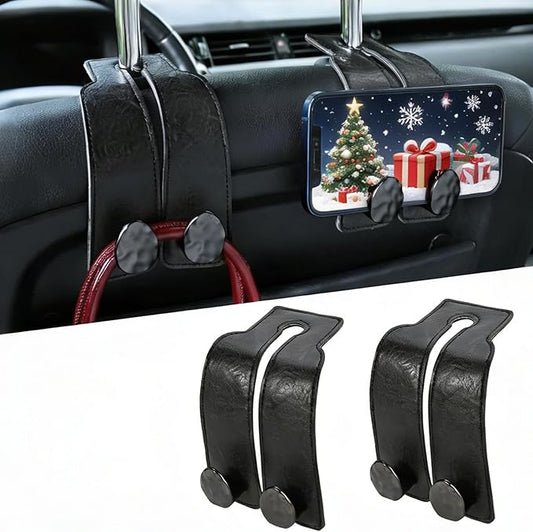 2PCS Leather Car Seat Hooks for Headrest, Vehicle Hanger Storage Organizer Universal for Handbag Purse, Car Accessories Gift (Black-Black)