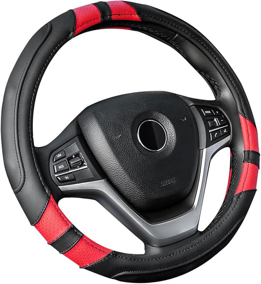Achiou Red Car Steering Wheel Cover Universal 15 inch with Grip Contours, Leather Auto for Men and Women Non-Slip Breathable Soft and Comfortable