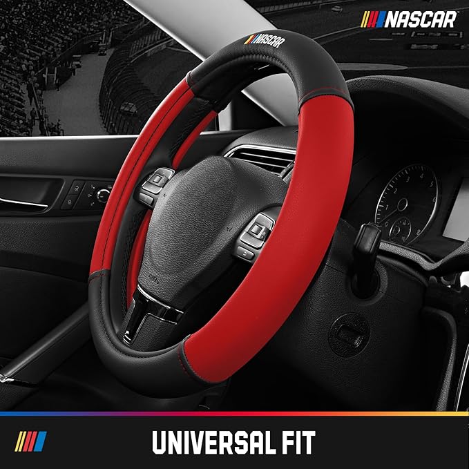 NASCAR Steering Wheel Cover, Two-Tone Red Leather Patchwork, Universal Fit 14.5"-15.5" Steering Covers for Cars, Anti-Slip, Soft Grip, Odor-Free, Trucks & SUVs, Racing Style Interior Upgrade
