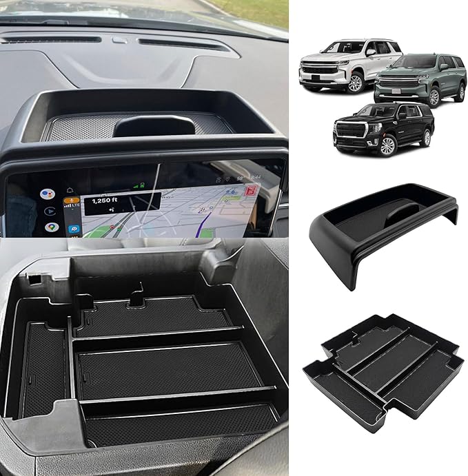 Muslogy for 2021-2024 Yukon Tahoe Suburban Sliding Center Console Armrest Organizer & Dash Storage Tray 2PCS Compatible with GMC Yukon Tahoe Suburban 2021 2022 2023 2024 Not for Denali (Console+Dash)