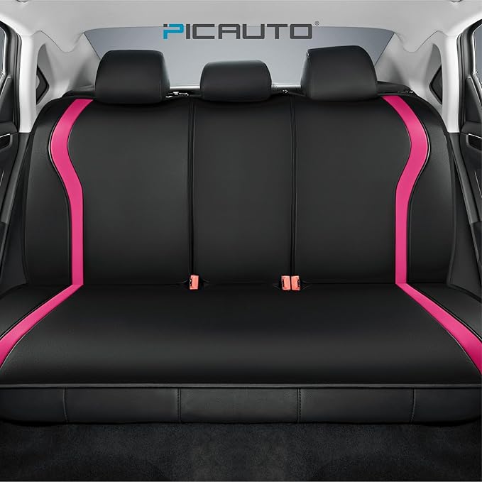PIC AUTO Leather Car Seat Covers, Premium Automotive Waterproof Front & Rear Full Set Bucket Car Seat Protectors, Black and HotPink PVC Patchwork, Fits for Cars, Trucks, Van, SUV, Airbag Compatible